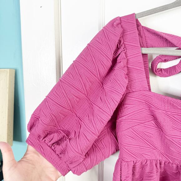 Free People Violet Mini Dress Puff Sleeves Textured Fabric Babydoll Pleated XS - Picture 6 of 13